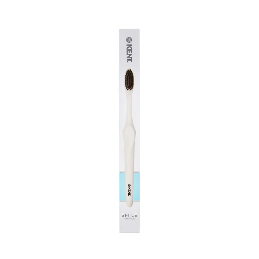 Kent Smile Toothbrush - Silver & Charcoal Infused, Super Soft Filaments & Eco PLA Handle (White)